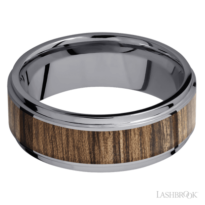 8 mm wide/Flat Grooved Edges/Tantalum band with one 5 mm Centered inlay of Walnut.