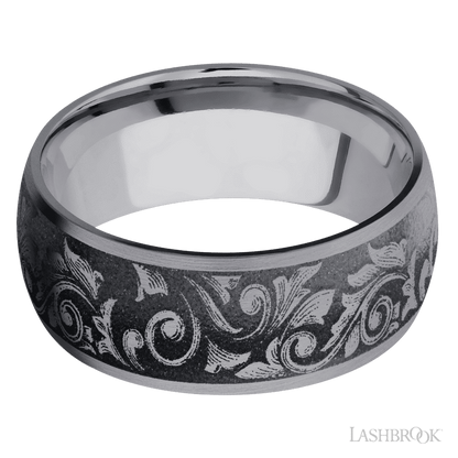 9 mm wide/Domed/Tantalum band with a laser carved Western Scroll pattern.