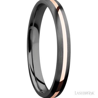 3 mm wide/Domed/Zirconium band with one 1 mm Centered inlay of 14K Rose Gold.