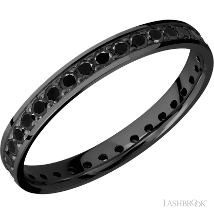 3 mm wide/Flat/Zirconium band with an Eternity arrangement of .03 carat Round Black Diamond stones in a Bead setting.