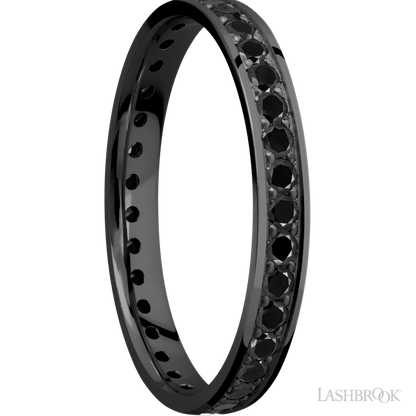 3 mm wide/Flat/Zirconium band with an Eternity arrangement of .03 carat Round Black Diamond stones in a Bead setting.