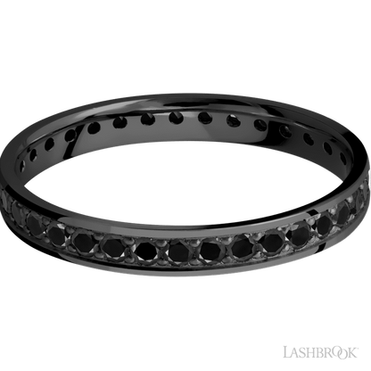 3 mm wide/Flat/Zirconium band with an Eternity arrangement of .03 carat Round Black Diamond stones in a Bead setting.