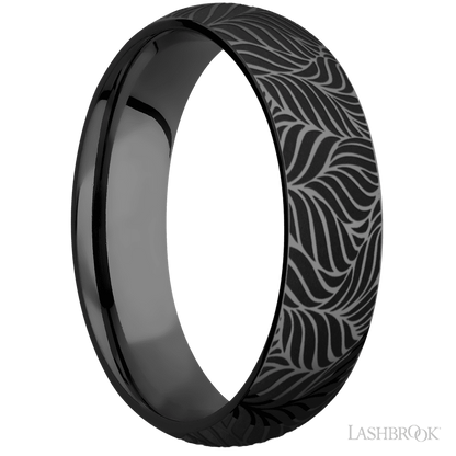 6 mm wide/Domed/Zirconium band with a laser carved Twisted Leaf pattern.