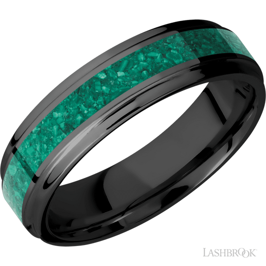 Lashbrook 6mm Flat Grooved Edges Zirconium Wedding Band — Malachite Inlay