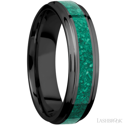 6 mm wide/Flat Grooved Edges/Zirconium band with one 3 mm Centered inlay of Malachite.