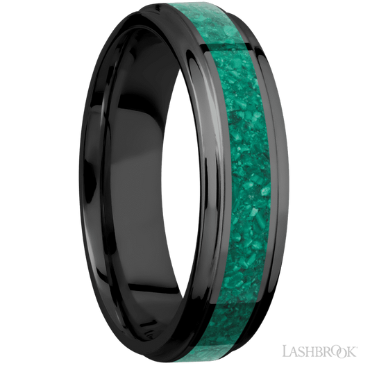 Lashbrook 6mm Flat Grooved Edges Zirconium Wedding Band — Malachite Inlay