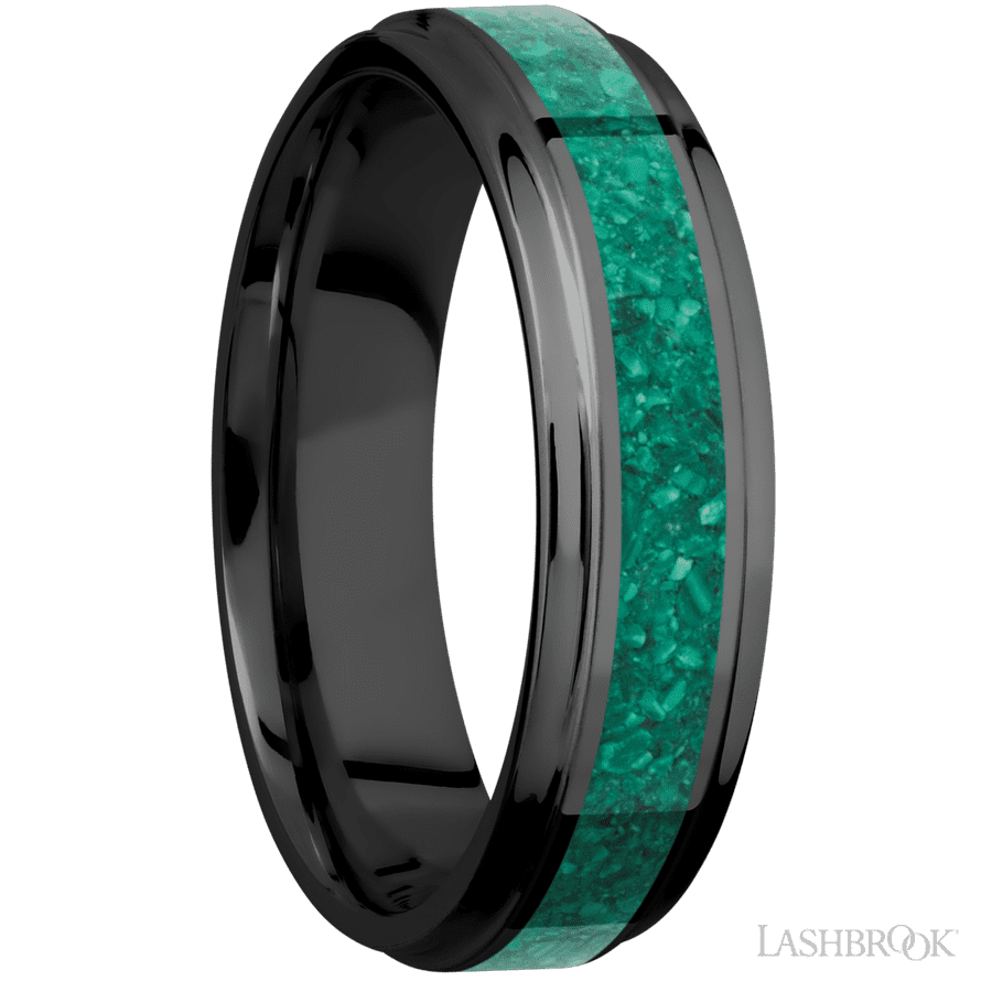 6 mm wide/Flat Grooved Edges/Zirconium band with one 3 mm Centered inlay of Malachite.