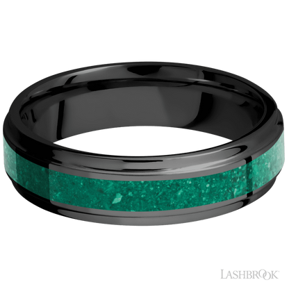 6 mm wide/Flat Grooved Edges/Zirconium band with one 3 mm Centered inlay of Malachite.