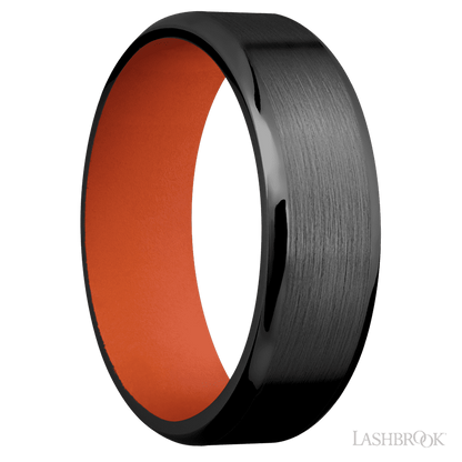 7 mm wide Beveled Zirconium band featuring a Hunter Orange sleeve.