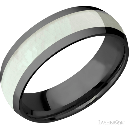 7 mm wide/Domed/Zirconium band with one 4 mm Centered inlay of Freshwater Mother of Pearl.