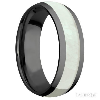 7 mm wide/Domed/Zirconium band with one 4 mm Centered inlay of Freshwater Mother of Pearl.