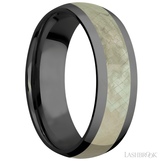 Lashbrook 7mm Domed Zirconium Wedding Band — Freshwater Mother of Pearl Inlay