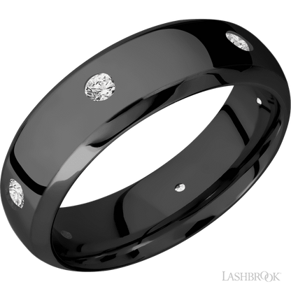 7 mm wide/Domed Bevel/Zirconium band with a 6X Even arrangement of .07 carat Round Diamond stones in a Flush setting.