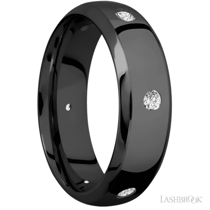 7 mm wide/Domed Bevel/Zirconium band with a 6X Even arrangement of .07 carat Round Diamond stones in a Flush setting.