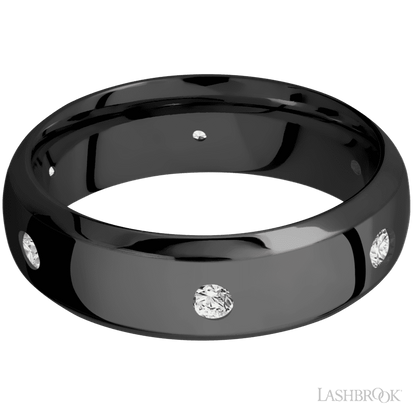 7 mm wide/Domed Bevel/Zirconium band with a 6X Even arrangement of .07 carat Round Diamond stones in a Flush setting.