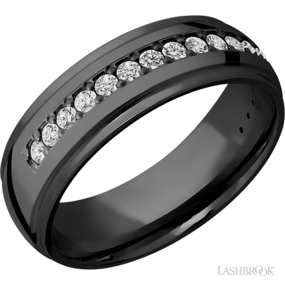 7 mm wide/Domed Stepped Down Edges/Zirconium band with a Half Eternity arrangement of .03 carat Round Diamond stones in a Bead setting.