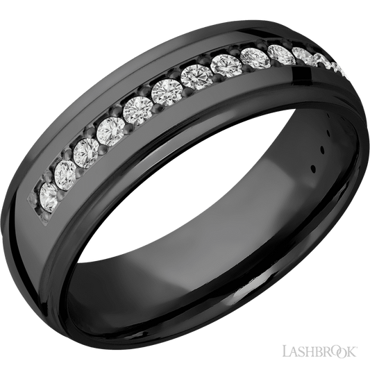 Lashbrook 7mm Domed Stepped Down Edges Zirconium Wedding Band — Diamond Half Eternity