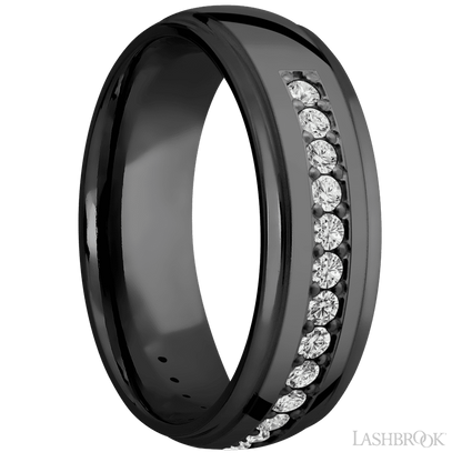 7 mm wide/Domed Stepped Down Edges/Zirconium band with a Half Eternity arrangement of .03 carat Round Diamond stones in a Bead setting.