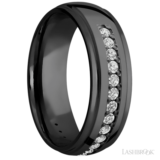 Lashbrook 7mm Domed Stepped Down Edges Zirconium Wedding Band — Diamond Half Eternity