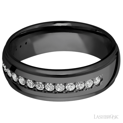 7 mm wide/Domed Stepped Down Edges/Zirconium band with a Half Eternity arrangement of .03 carat Round Diamond stones in a Bead setting.