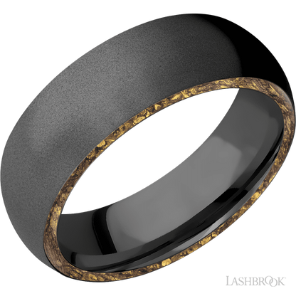 7 mm wide/Domed/Zirconium band with two 1 mm Side inlays of Alaskan Gold Nugget.