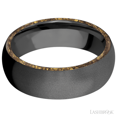7 mm wide/Domed/Zirconium band with two 1 mm Side inlays of Alaskan Gold Nugget.