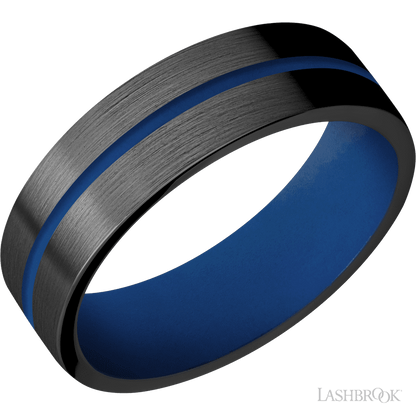 7 mm wide/Flat/Zirconium band with one 1 mm Centered inlay of Royal Blue also featuring a Royal Blue sleeve.