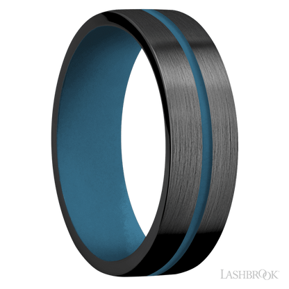 7 mm wide/Flat/Zirconium band with one 1 mm Centered inlay of Royal Blue also featuring a Royal Blue sleeve.
