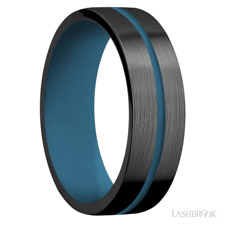 7 mm wide/Flat/Zirconium band with one 1 mm Centered inlay of Royal Blue also featuring a Royal Blue sleeve.