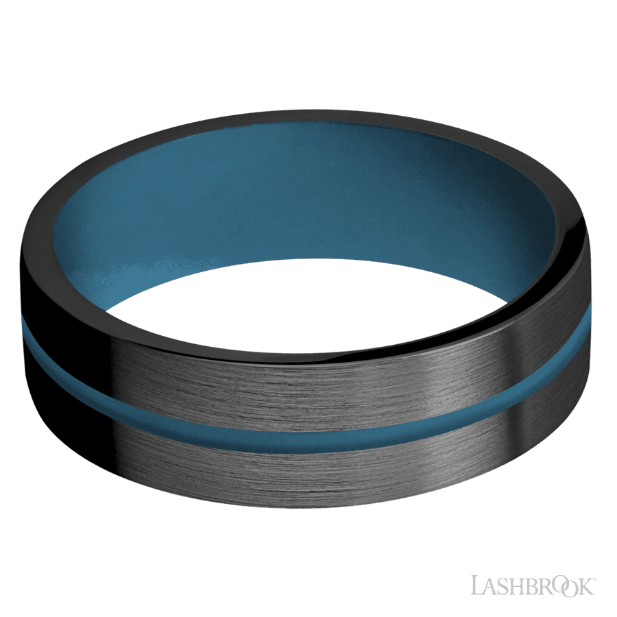 7 mm wide/Flat/Zirconium band with one 1 mm Centered inlay of Royal Blue also featuring a Royal Blue sleeve.