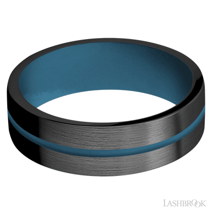 7 mm wide/Flat/Zirconium band with one 1 mm Centered inlay of Royal Blue also featuring a Royal Blue sleeve.