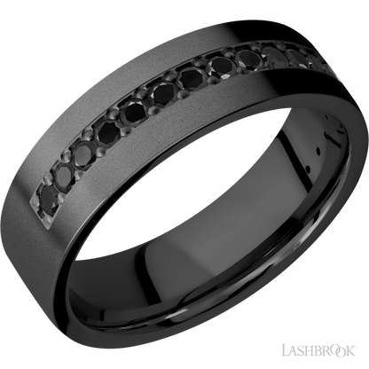 7 mm wide/Flat/Zirconium band with a Half Eternity arrangement of .03 carat Round Black Diamond stones in a Bead setting.