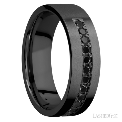 7 mm wide/Flat/Zirconium band with a Half Eternity arrangement of .03 carat Round Black Diamond stones in a Bead setting.