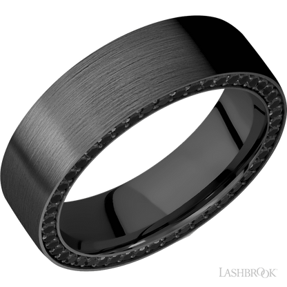 7 mm wide/Flat/Zirconium band with a Side Eternity arrangement of .01 carat Round Black Diamond stones in a Bead setting.