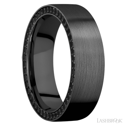 7 mm wide/Flat/Zirconium band with a Side Eternity arrangement of .01 carat Round Black Diamond stones in a Bead setting.