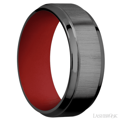 8 mm wide Stepped Bevel Zirconium band featuring a USMC Red sleeve.