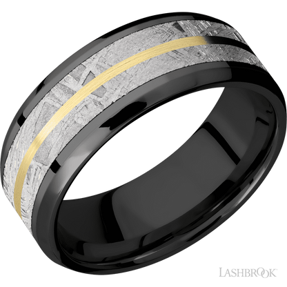 8 mm wide/Beveled/Zirconium band featuring inlays of Meteorite and 14K Yellow Gold.