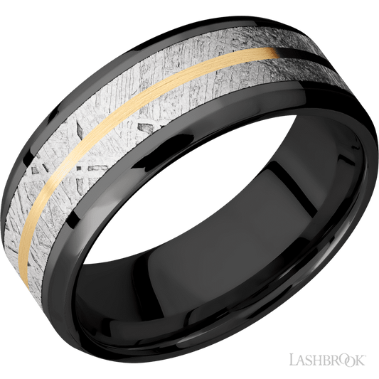 8 mm wide/Beveled/Zirconium band featuring inlays of Meteorite and 14K Yellow Gold.