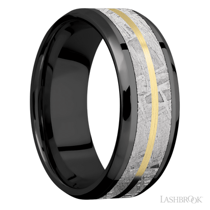 8 mm wide/Beveled/Zirconium band featuring inlays of Meteorite and 14K Yellow Gold.