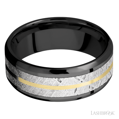 8 mm wide/Beveled/Zirconium band featuring inlays of Meteorite and 14K Yellow Gold.
