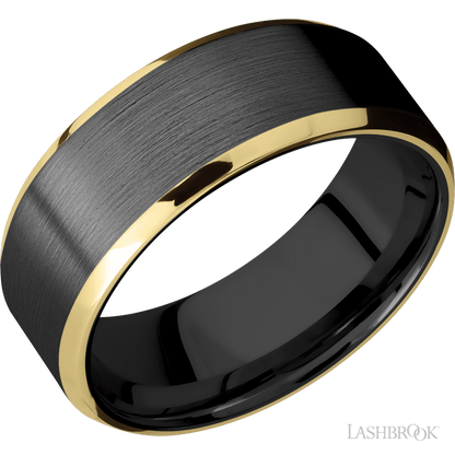 8 mm wide/Beveled/Zirconium band with two 1 mm Edge inlays of 14K Yellow Gold.