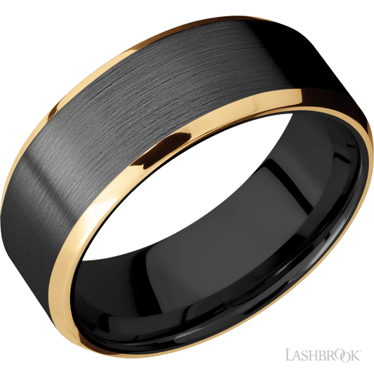 8 mm wide/Beveled/Zirconium band with two 1 mm Edge inlays of 14K Yellow Gold.