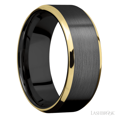 8 mm wide/Beveled/Zirconium band with two 1 mm Edge inlays of 14K Yellow Gold.