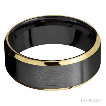 8 mm wide/Beveled/Zirconium band with two 1 mm Edge inlays of 14K Yellow Gold.