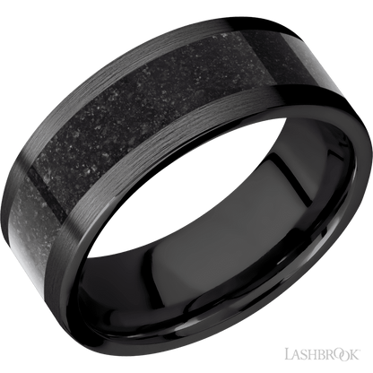 8 mm wide/Flat/Zirconium band with one 5 mm Centered inlay of Dinosaur Bone Black.