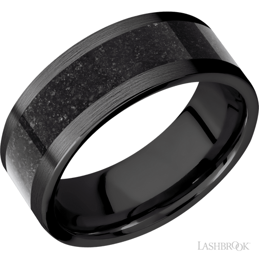 Lashbrook 8mm Flat Zirconium Wedding Band — Dinosaur Bone Black Inlay