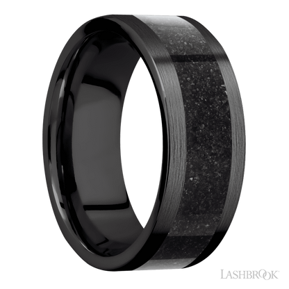 8 mm wide/Flat/Zirconium band with one 5 mm Centered inlay of Dinosaur Bone Black.
