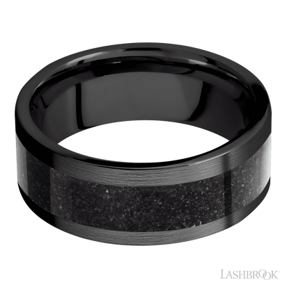 8 mm wide/Flat/Zirconium band with one 5 mm Centered inlay of Dinosaur Bone Black.
