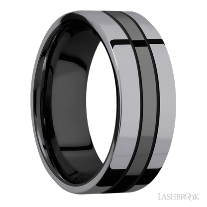8 mm wide/Flat/Zirconium band with two 3 mm Double Off Center Edge inlays of Tantalum.