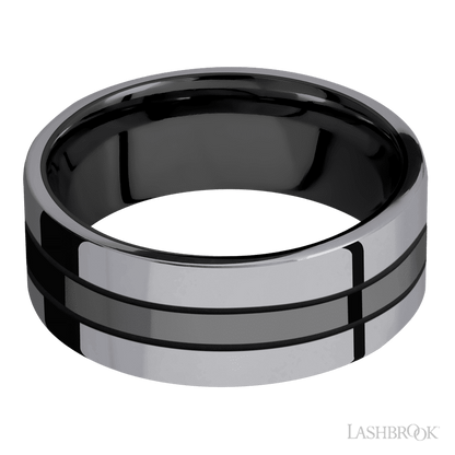 8 mm wide/Flat/Zirconium band with two 3 mm Double Off Center Edge inlays of Tantalum.